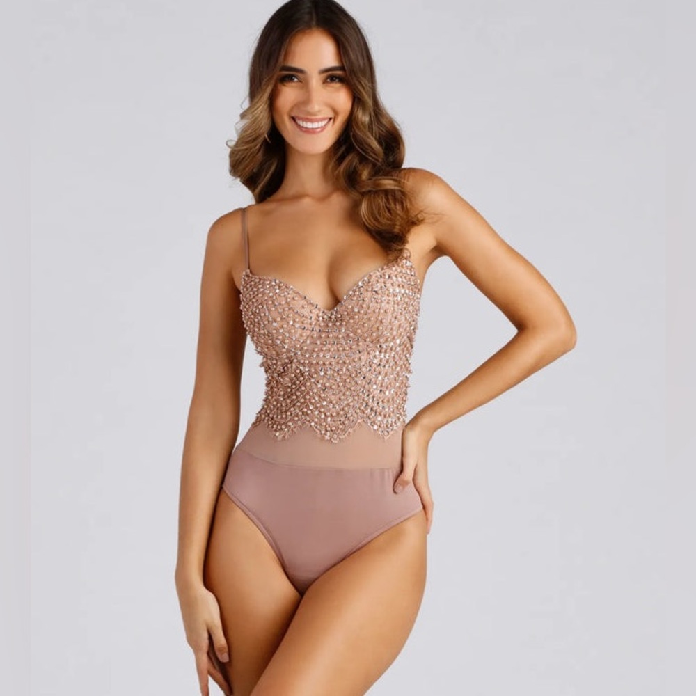Windsor Blush Nude Beaded Mesh Bodysuit